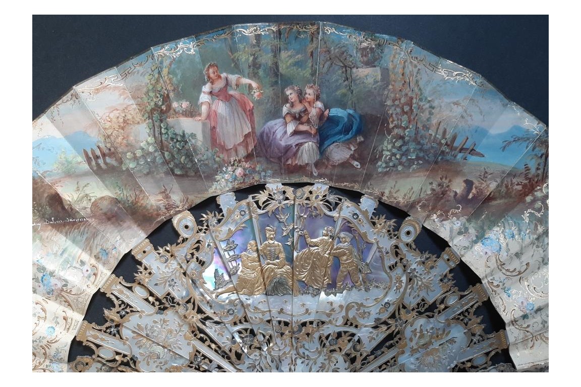 Young girls in bloom and swing, fan by Masly Dubois-Davesnes circa 1865