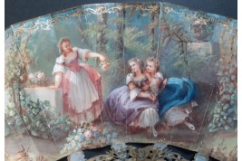 Jeunes filles en fleurs et escarpolette, éventail de Masly Dubois-Davesnes vers 1865