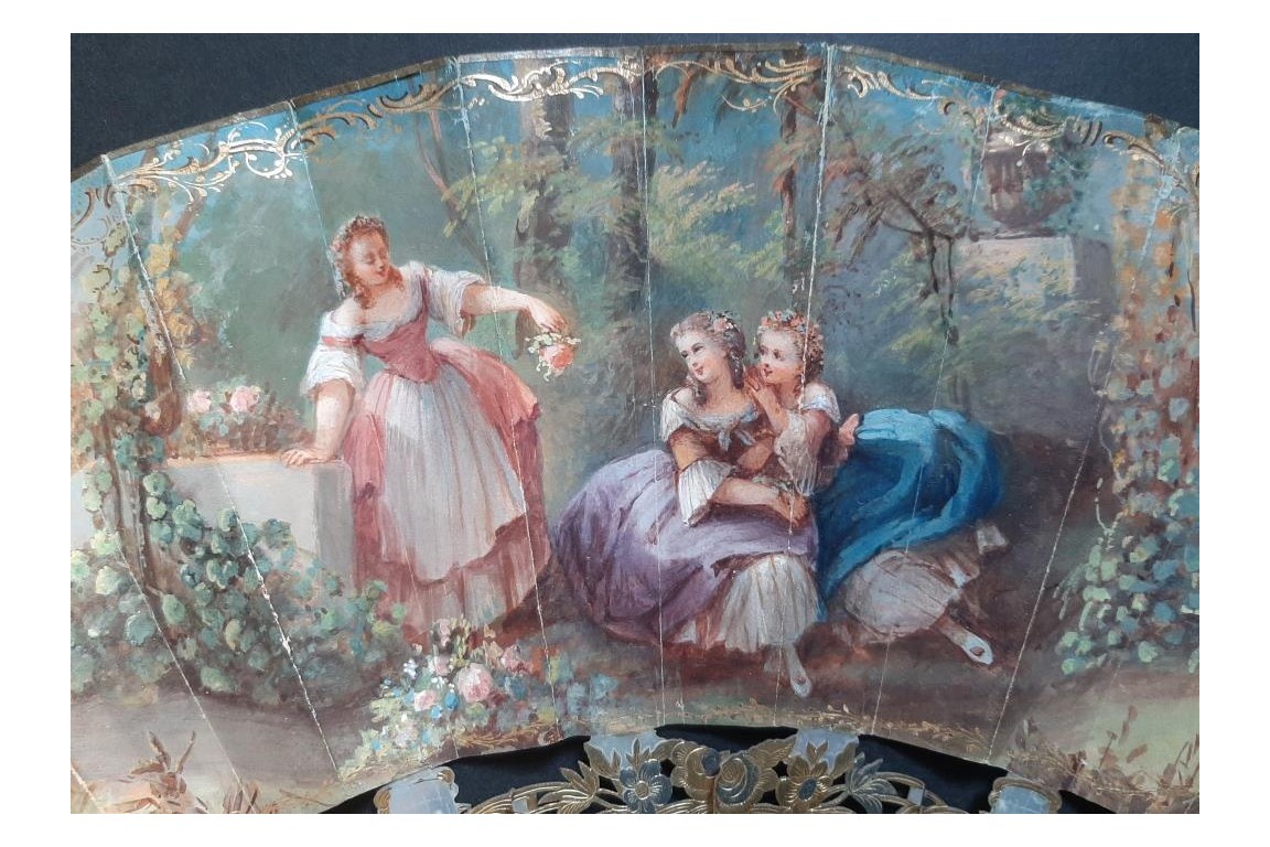 Jeunes filles en fleurs et escarpolette, éventail de Masly Dubois-Davesnes vers 1865