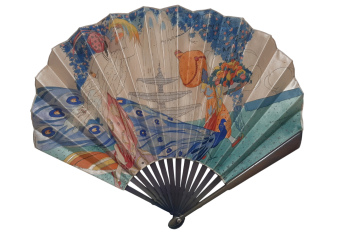 Orientale au paon et oiseau de paradis, avec un petit page. Éventail d'Umberto Brunelleschi vers 1925