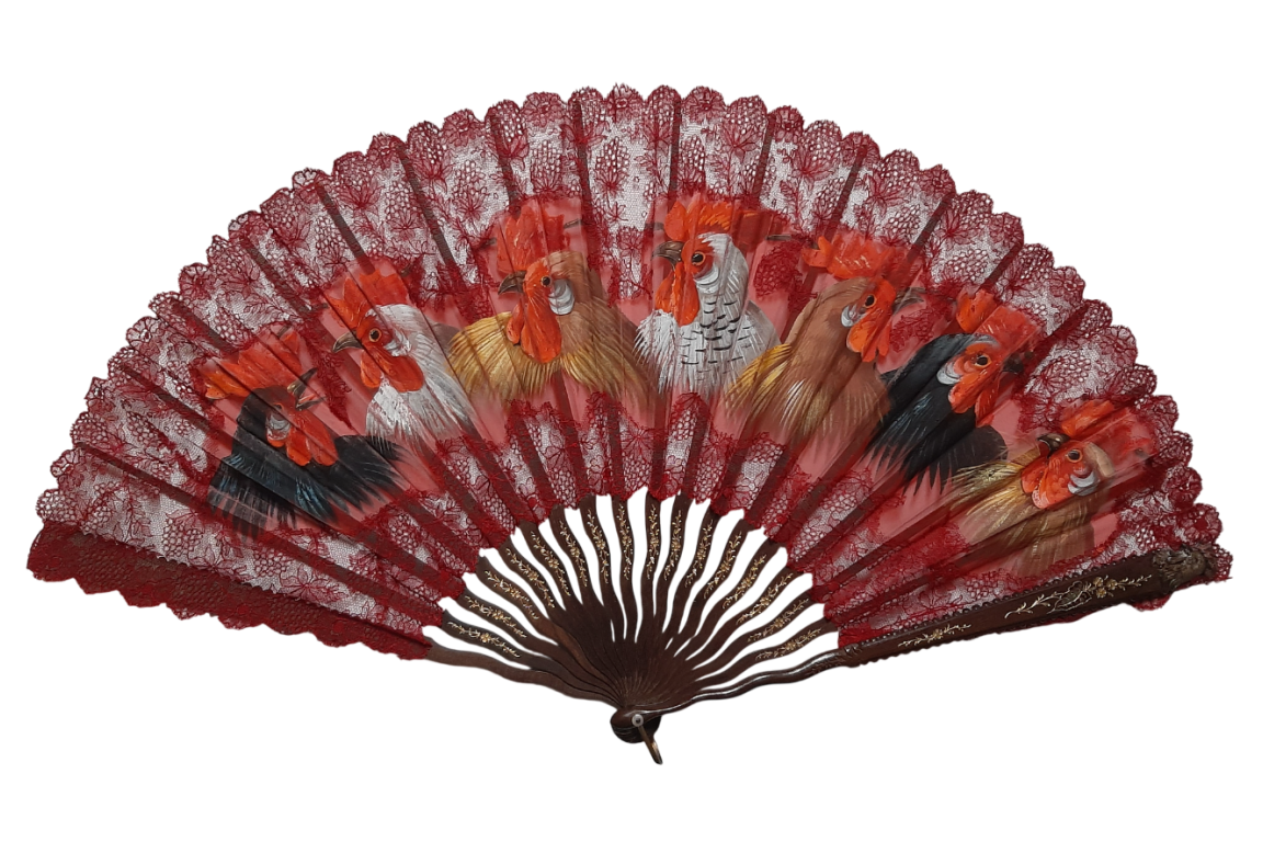 Roosters, fan circa 1890-1910