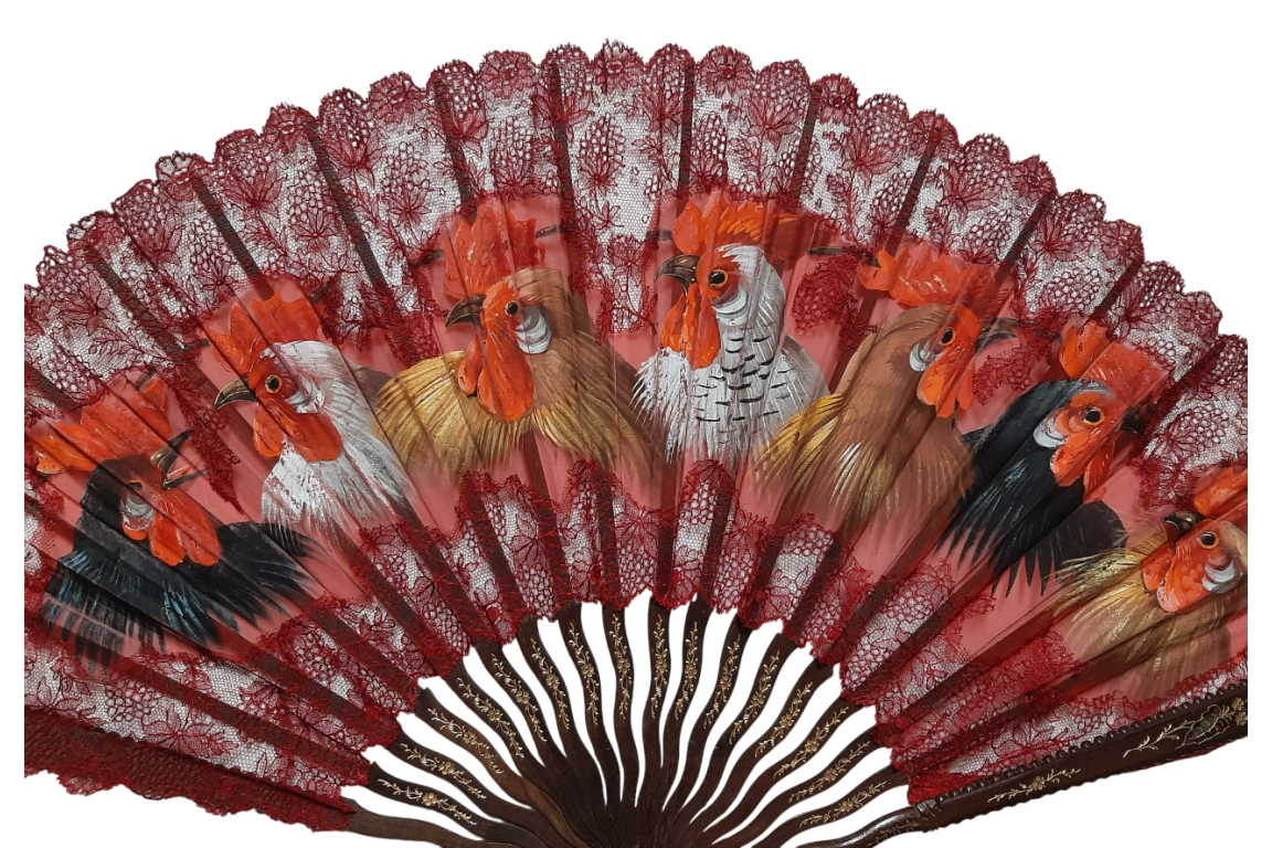 Roosters, fan circa 1890-1910