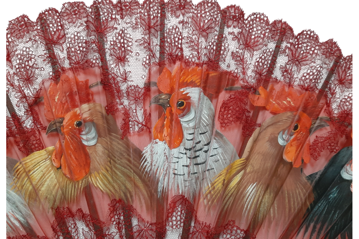 Roosters, fan circa 1890-1910