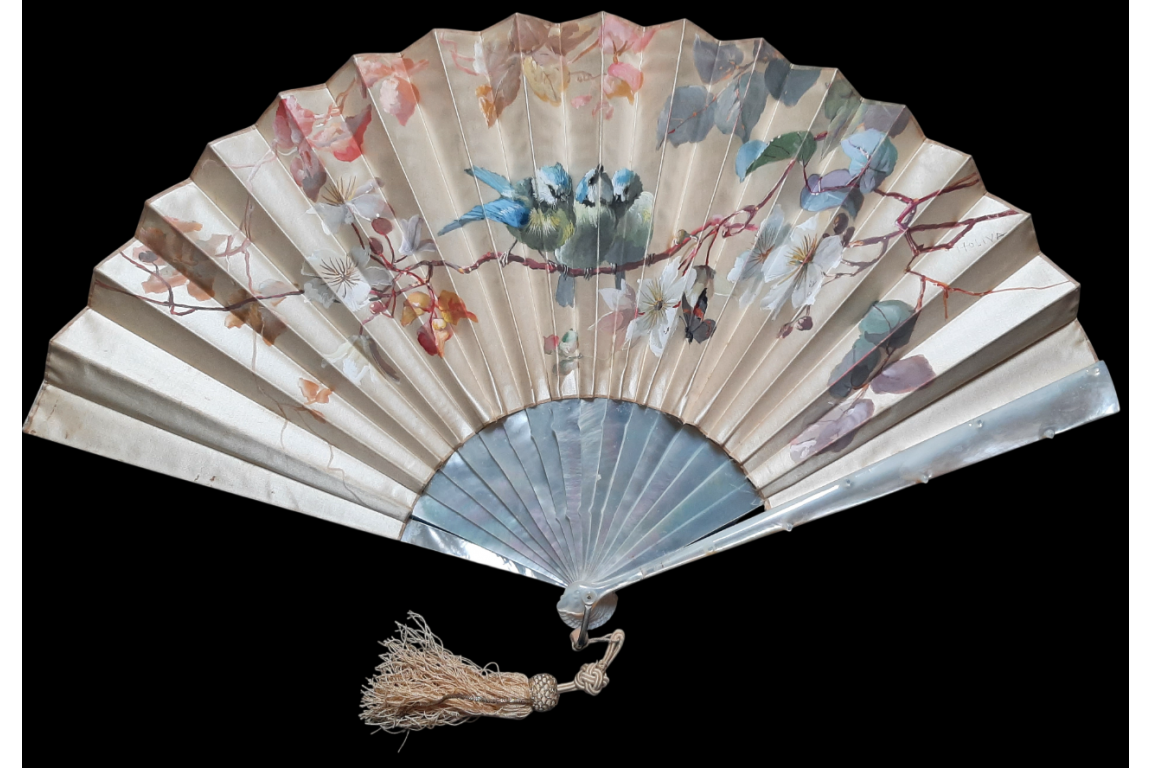 Small chickadees, late 19th century fan