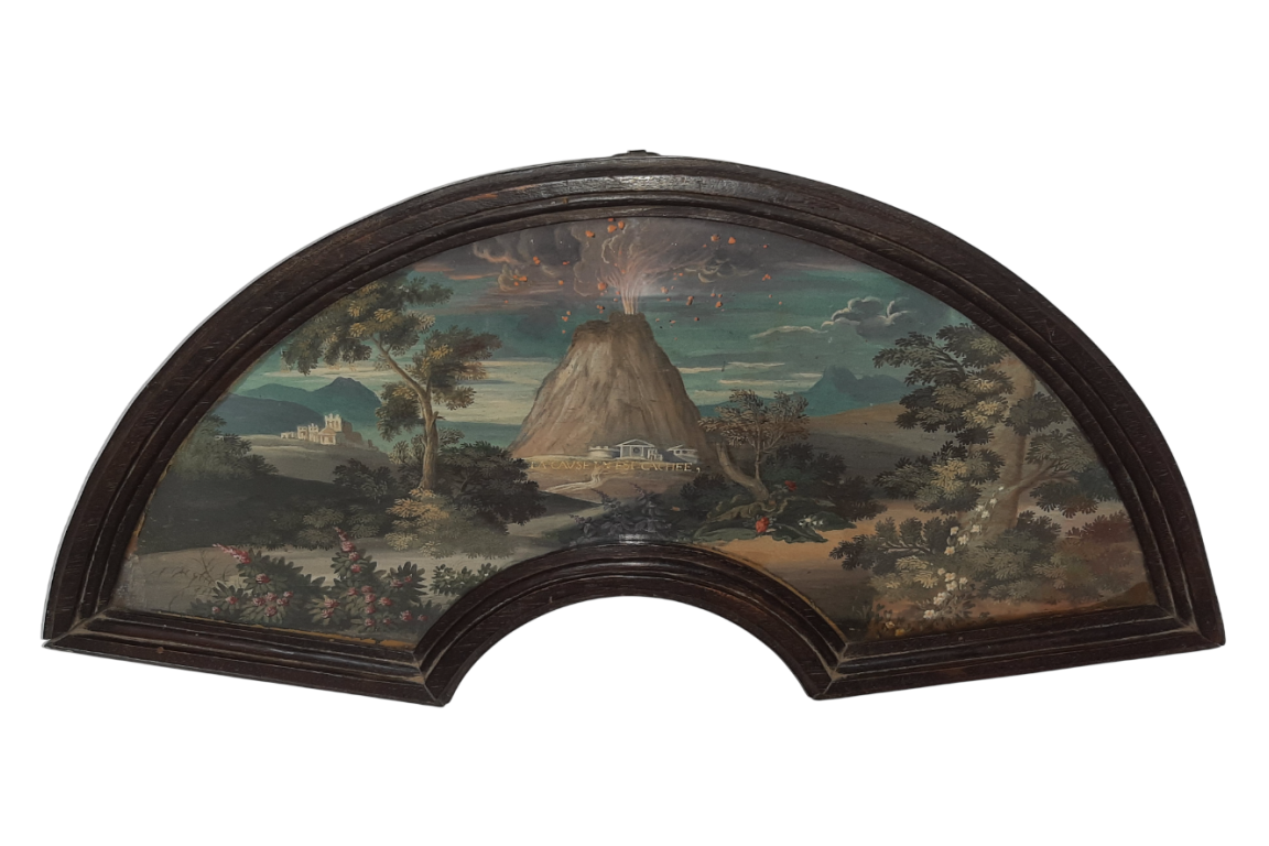 Motto at the volcano, fan leaf circa 1700