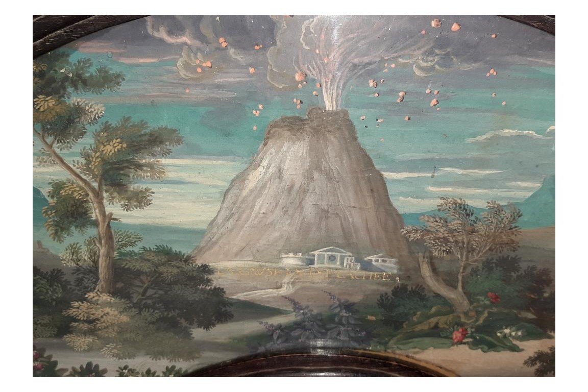 Motto at the volcano, fan leaf circa 1700