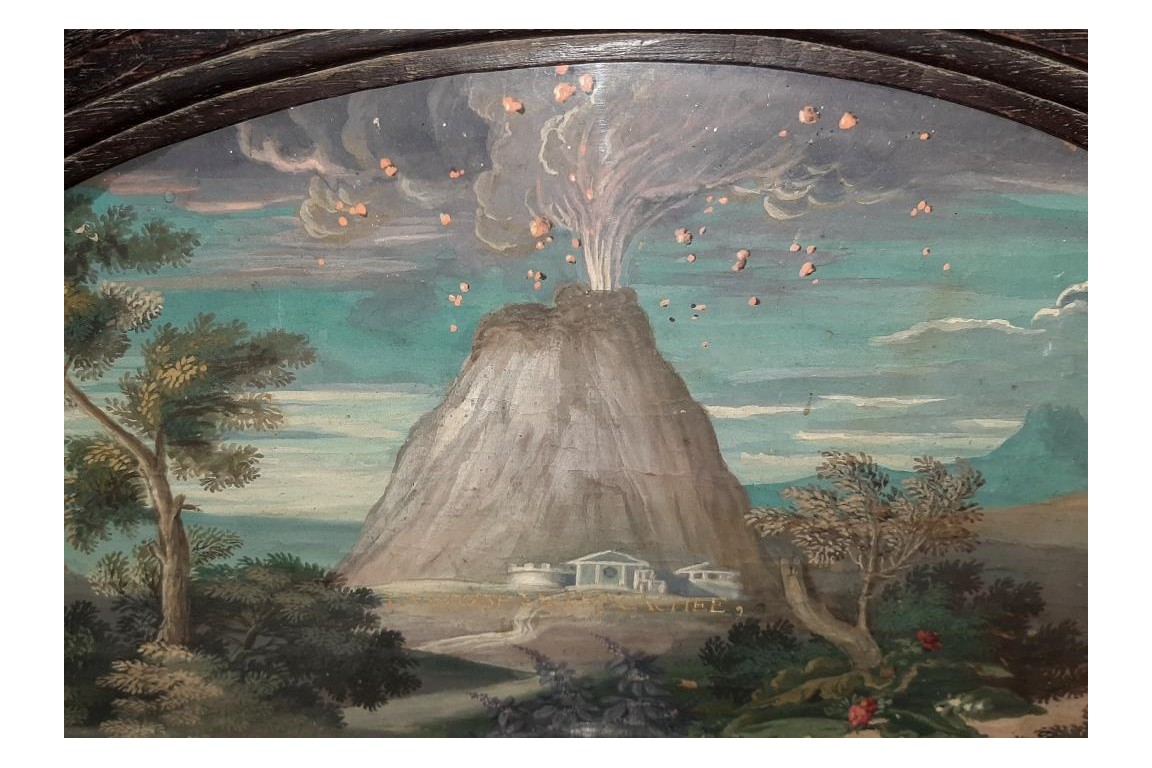 Motto at the volcano, fan leaf circa 1700