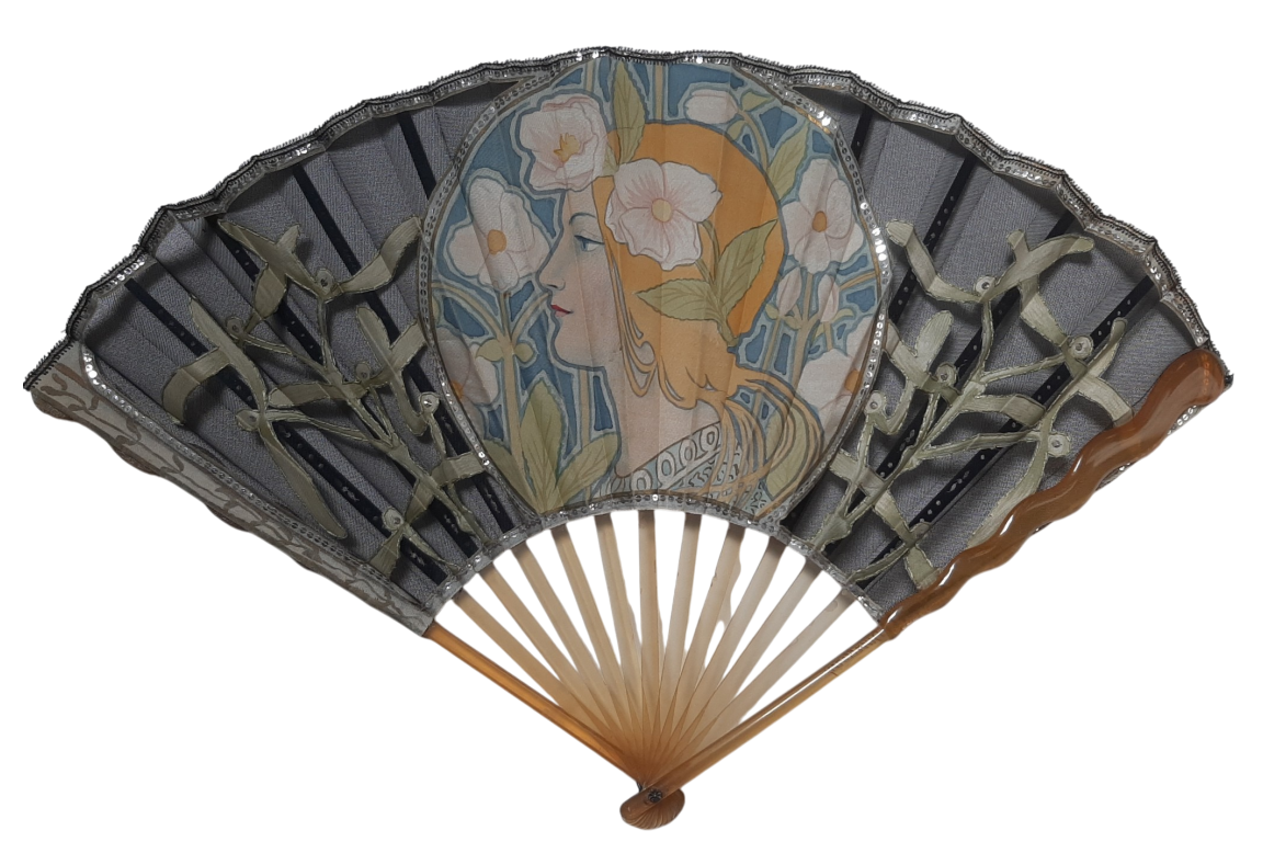 Duvelleroy, mistletoe Beauty. Fan in the style of Mucha, Art Nouveau period