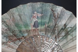 Faucon, virtuous and persevering love. Fan by E. Prieur, circa 1870–80