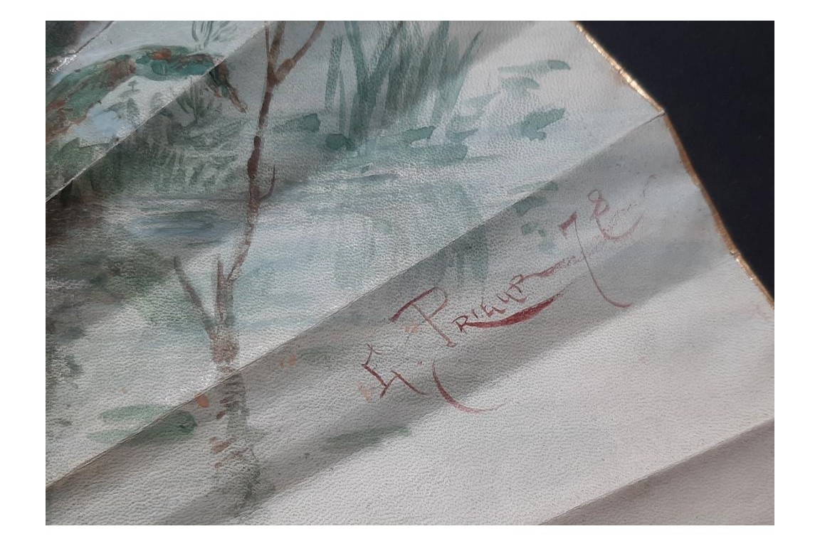 Faucon, virtuous and persevering love. Fan by E. Prieur, circa 1870–80