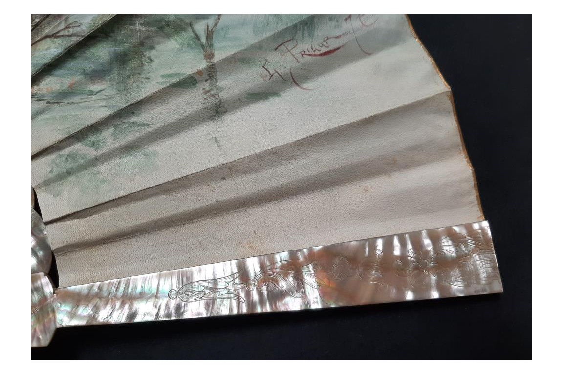 Faucon, virtuous and persevering love. Fan by E. Prieur, circa 1870–80