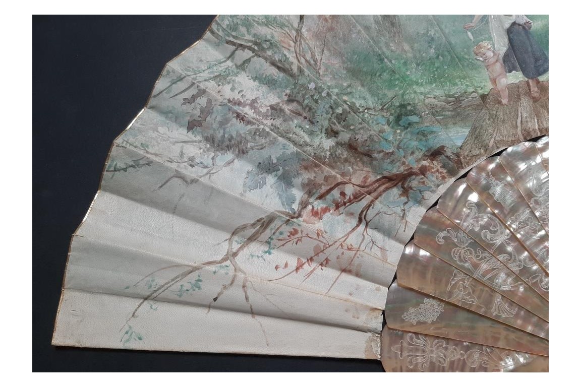 Faucon, virtuous and persevering love. Fan by E. Prieur, circa 1870–80