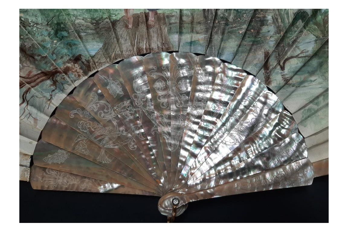 Faucon, virtuous and persevering love. Fan by E. Prieur, circa 1870–80