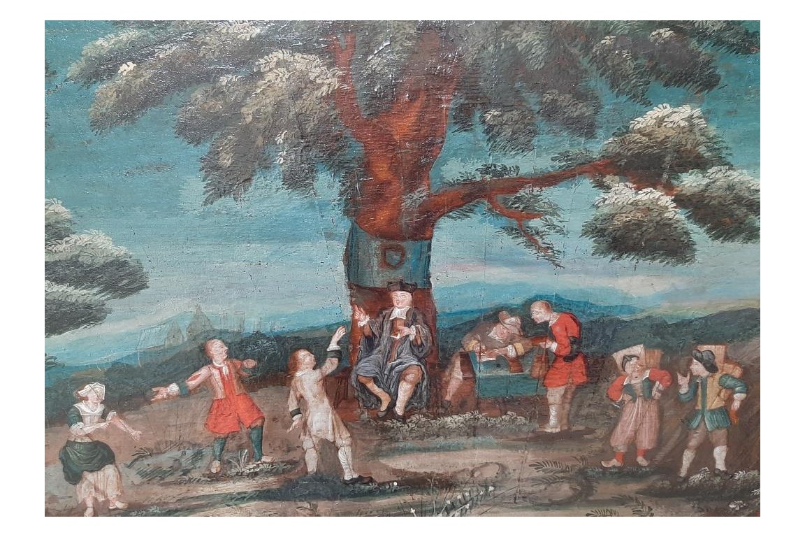 Le juge de village, feuille d'éventail vers 1700