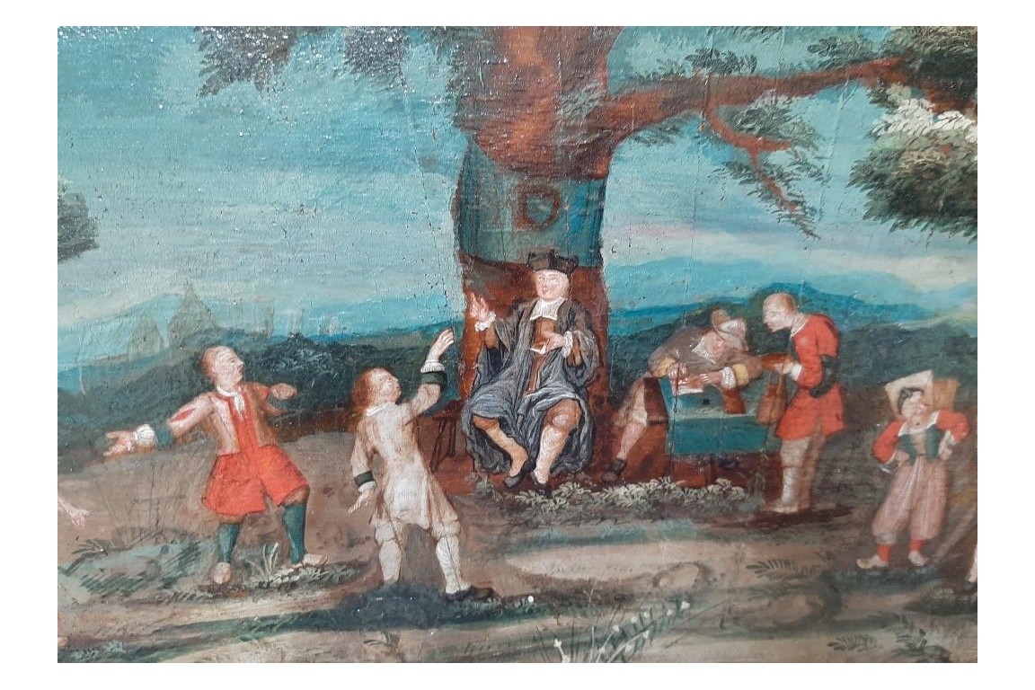 Le juge de village, feuille d'éventail vers 1700