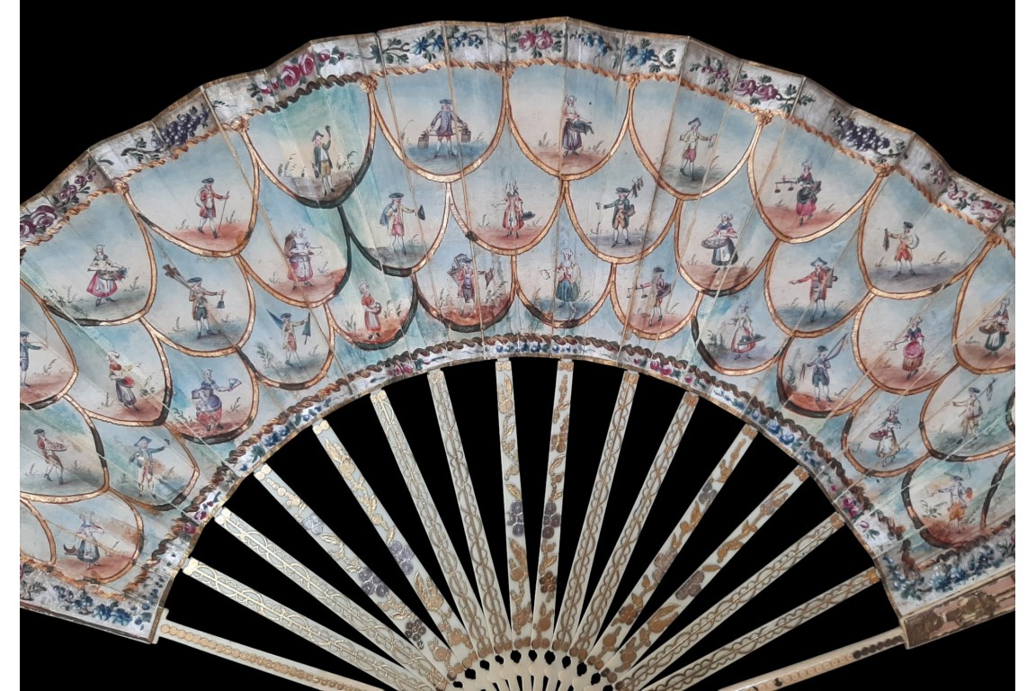 Le montreur de boite optique, la marchande d'éventails... Éventail des cris de Paris vers 1770