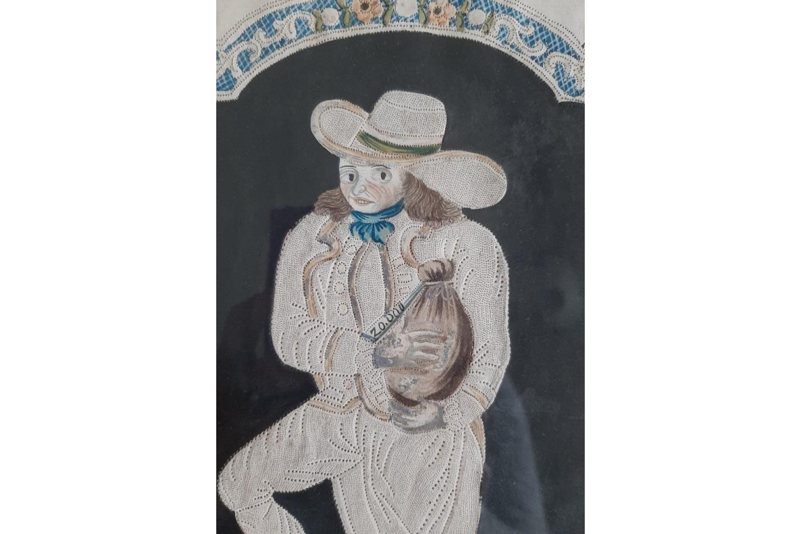 The miser, pinprick painting, folk art circa 1800