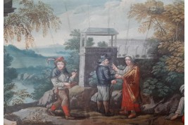 Le marchand ambulant et la diseuse de bonne aventure, feuille d'éventail fin XVIIe