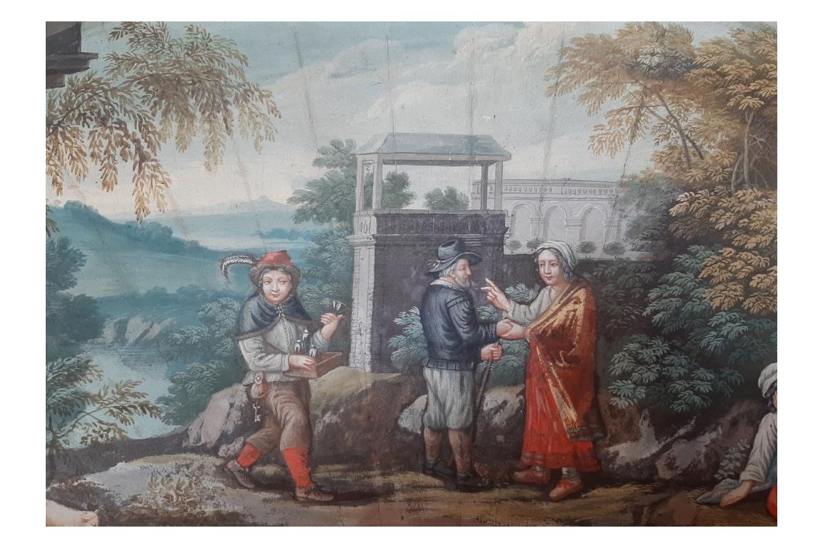 Le marchand ambulant et la diseuse de bonne aventure, feuille d'éventail fin XVIIe