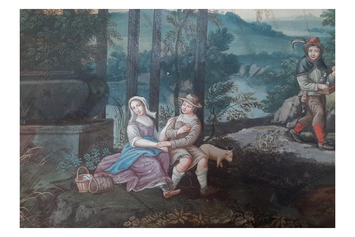 Le marchand ambulant et la diseuse de bonne aventure, feuille d'éventail fin XVIIe