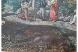 Le marchand ambulant et la diseuse de bonne aventure, feuille d'éventail fin XVIIe