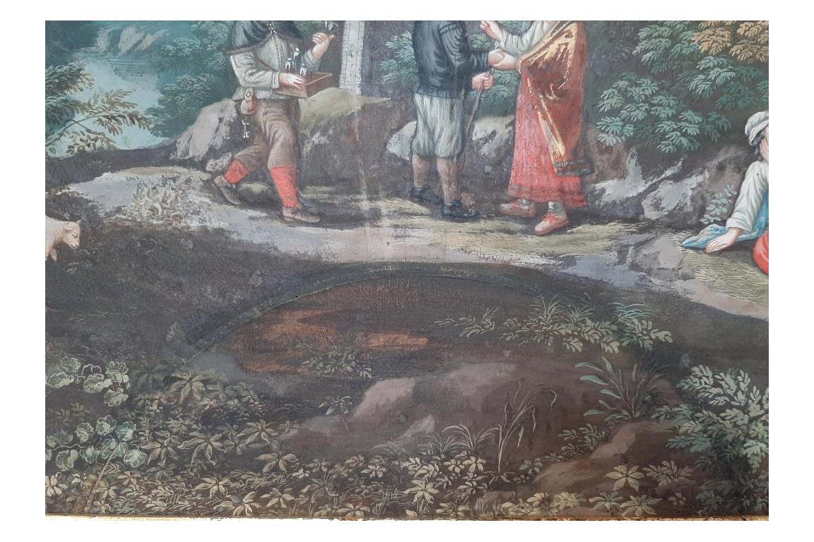 Le marchand ambulant et la diseuse de bonne aventure, feuille d'éventail fin XVIIe