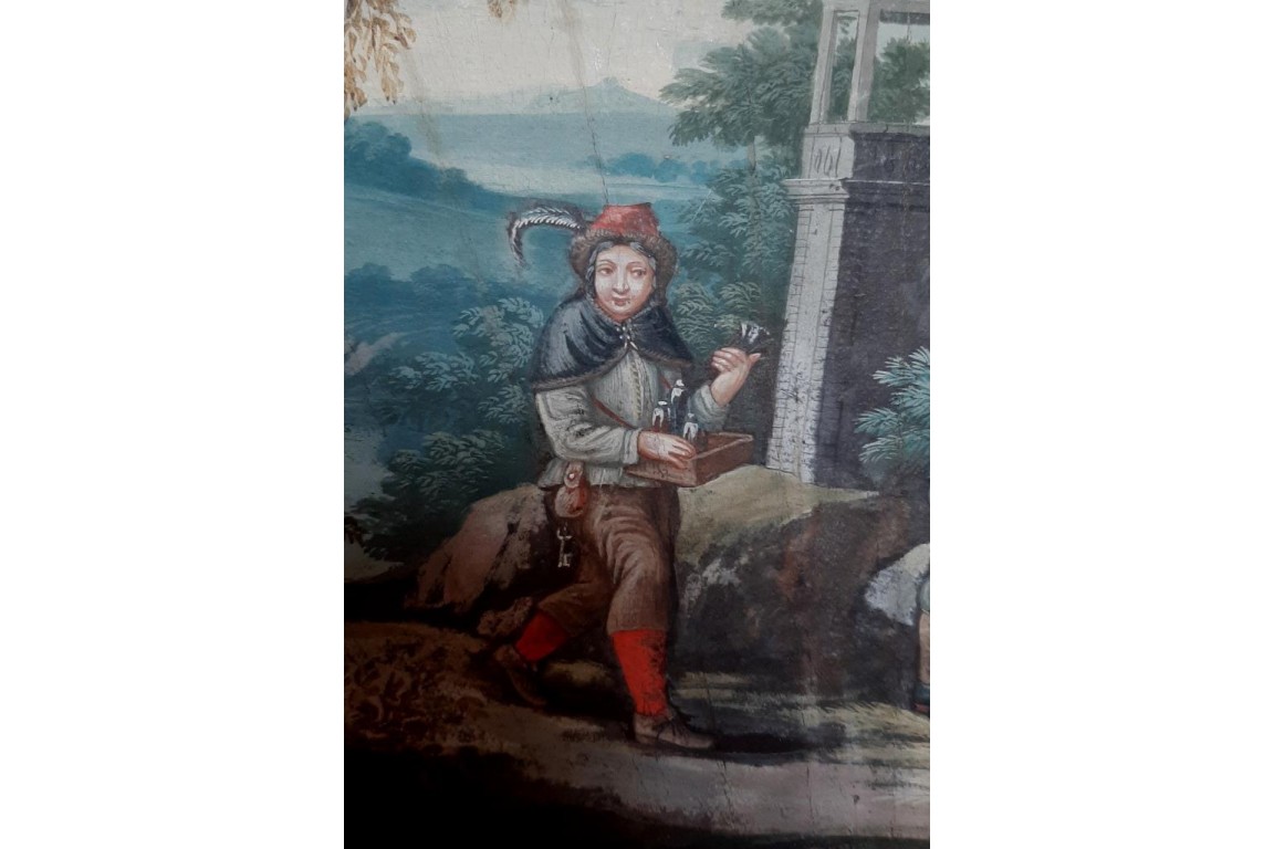 Le marchand ambulant et la diseuse de bonne aventure, feuille d'éventail fin XVIIe