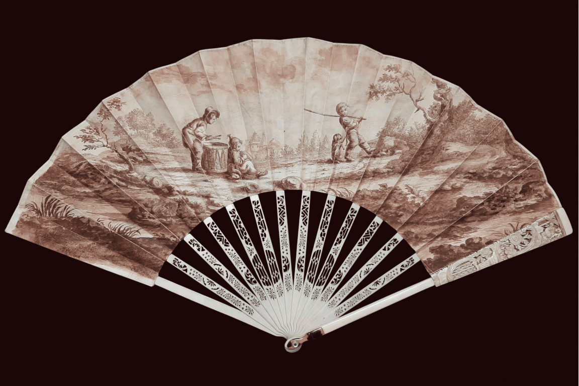 The young dog trainers, sepia-toned fan circa 1770-1800