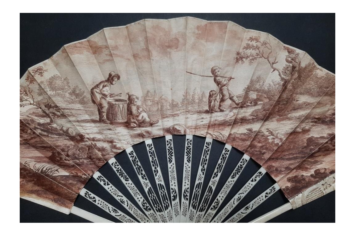 The young dog trainers, sepia-toned fan circa 1770-1800