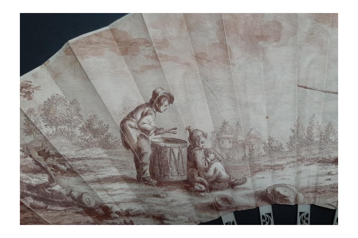 The young dog trainers, sepia-toned fan circa 1770-1800