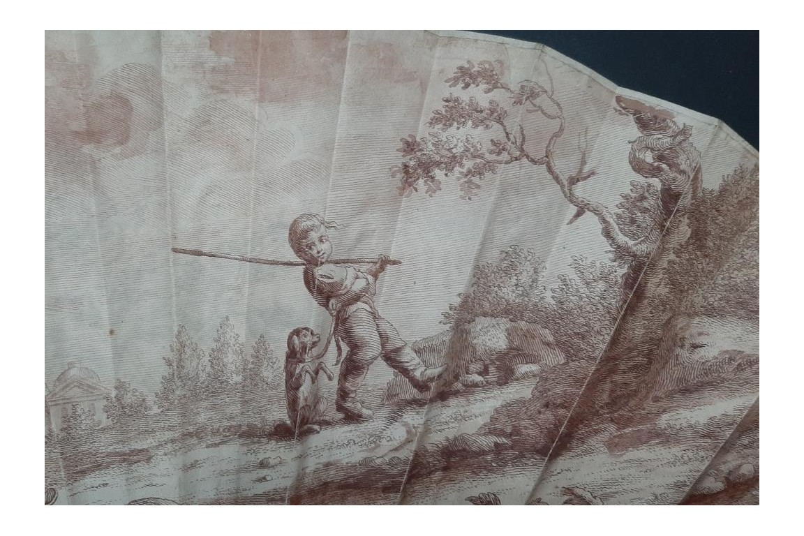 The young dog trainers, sepia-toned fan circa 1770-1800