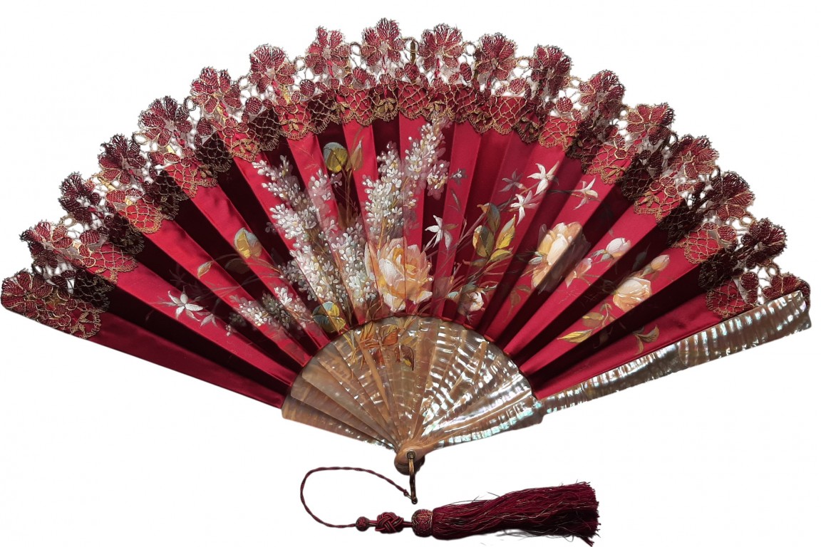 Red and gold flowers, fan circa 1890