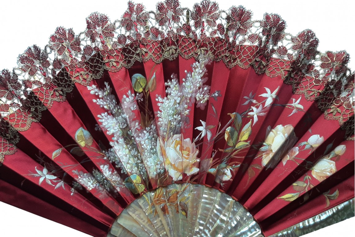 Red and gold flowers, fan circa 1890