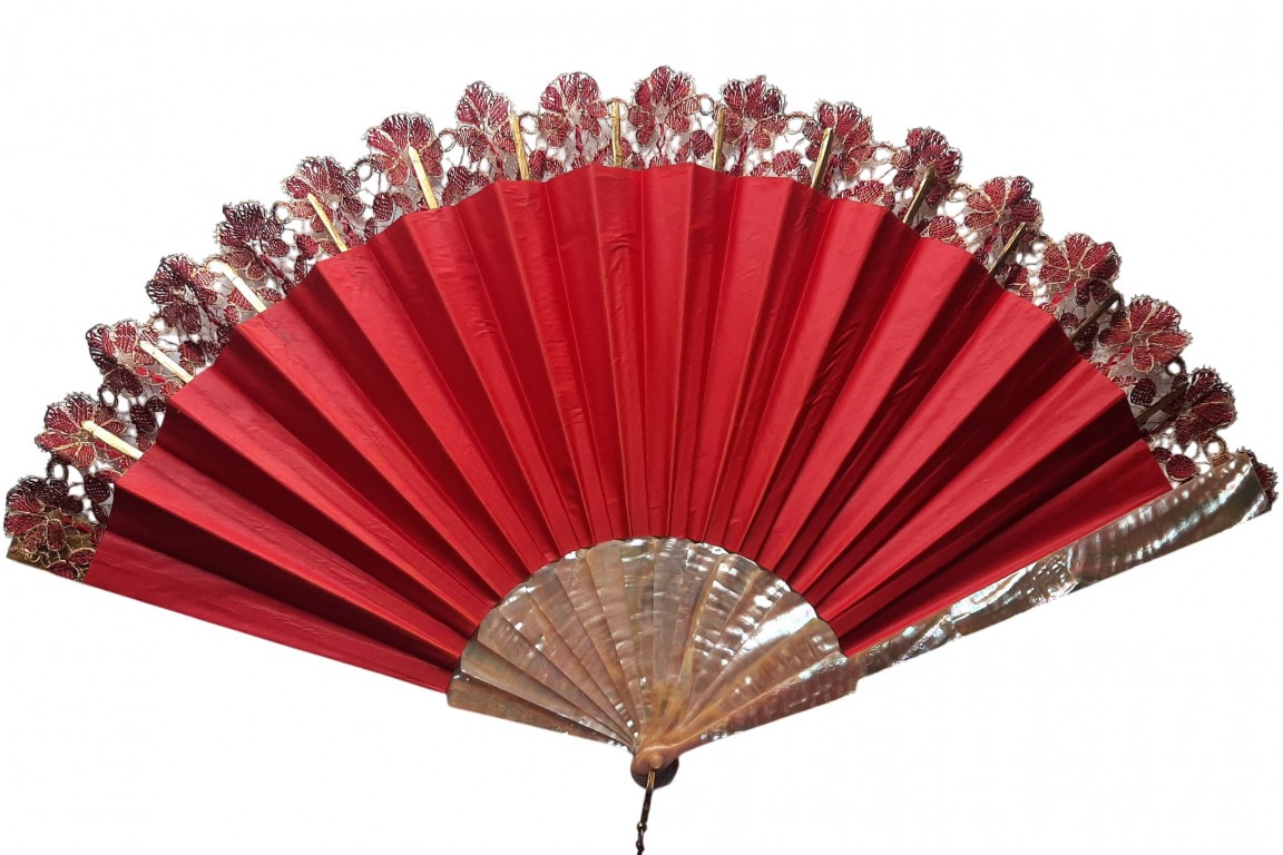 Red and gold flowers, fan circa 1890