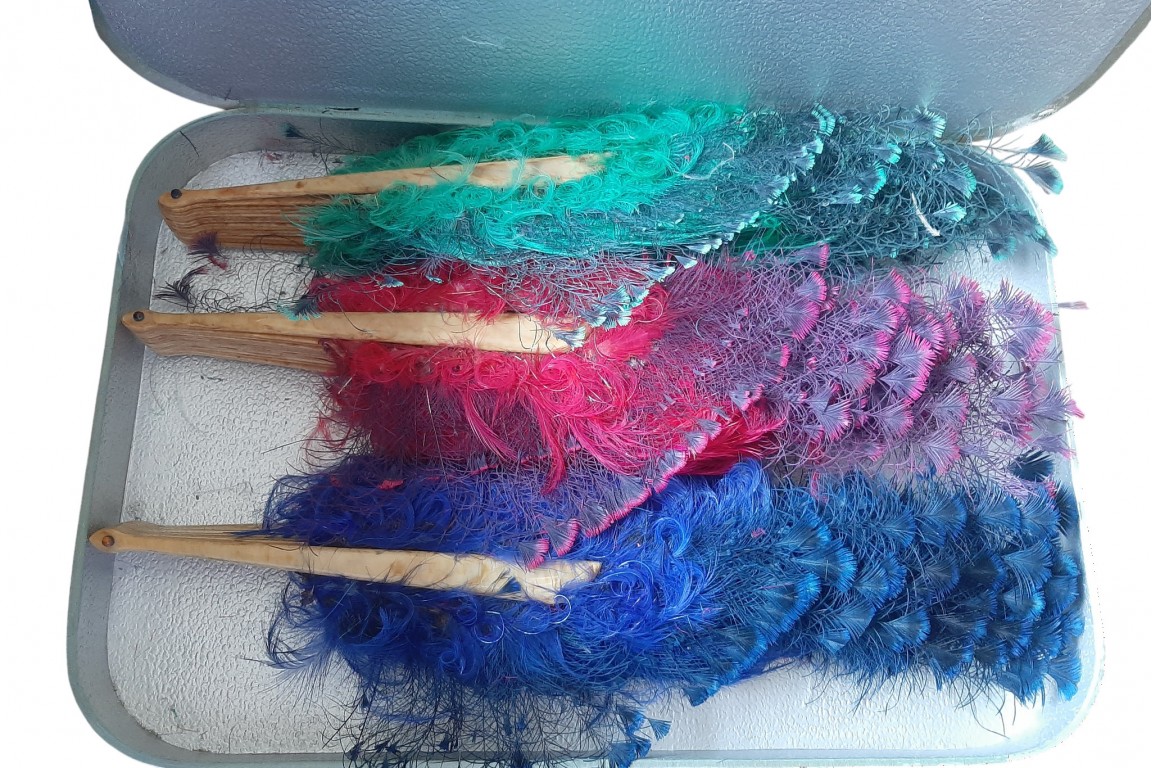 Blue, pink and green. Art deco fans