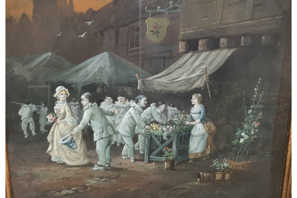 Les Pierrots au marché,  gouache de Van Garden, début XXè siècle