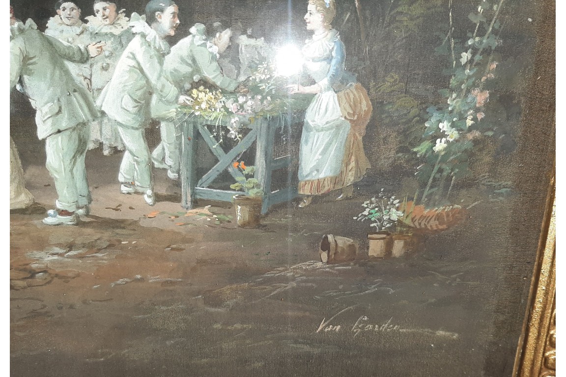 The Pierrots at the flower market  by Van Garden. Early 20th century  gouache