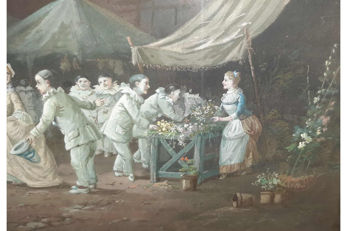 Les Pierrots au marché,  gouache de Van Garden, début XXè siècle