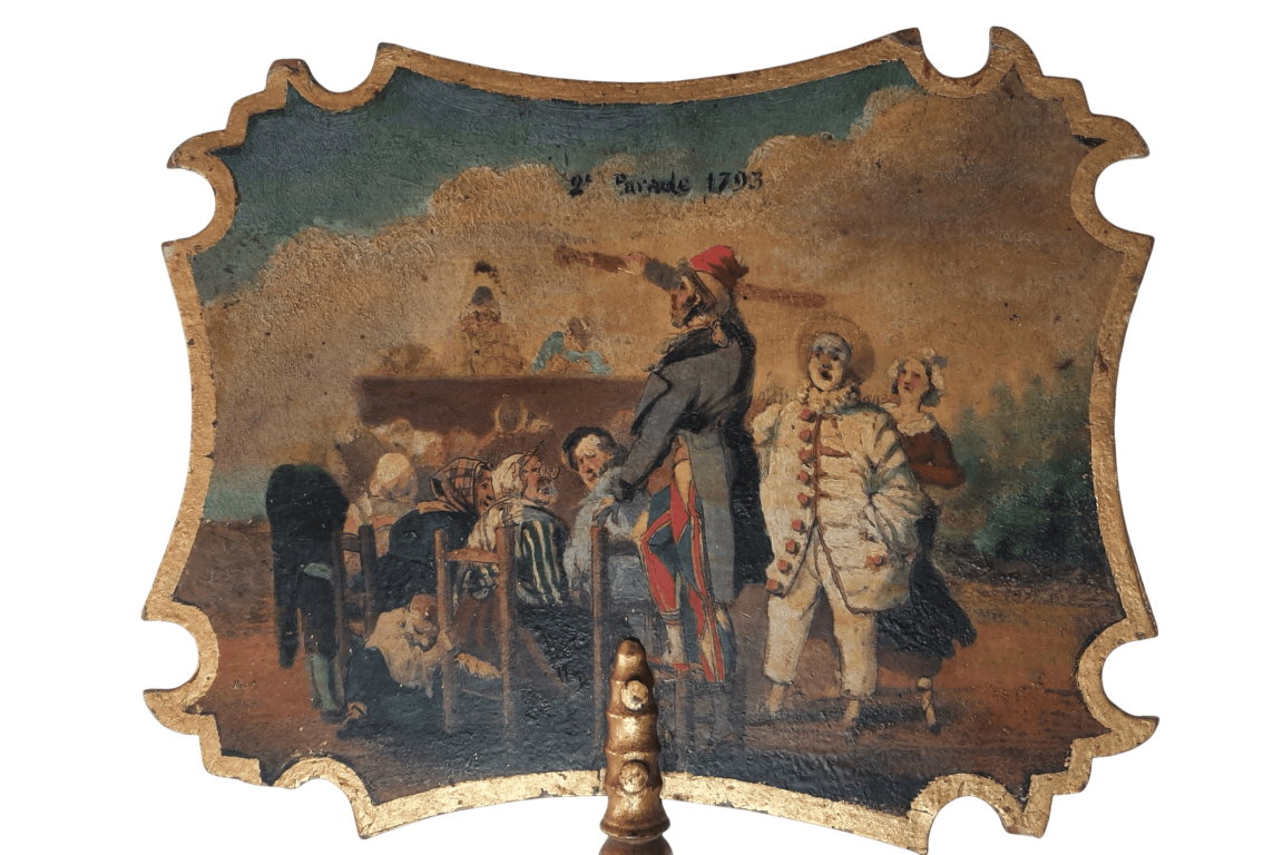 Pierrot on Parade. Fixed fan by Pierre Langlumé, circa 1830–40