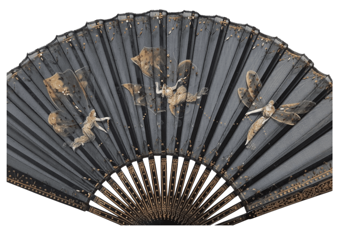 Femmes papillons et libellules, éventail fin XIXe siècle