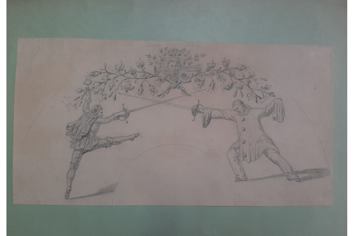 Duel between Pierrot and Scaramouche, fan design late 19th century