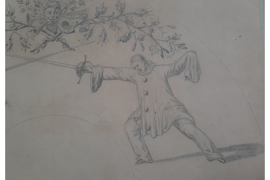Duel between Pierrot and Scaramouche, fan design late 19th century