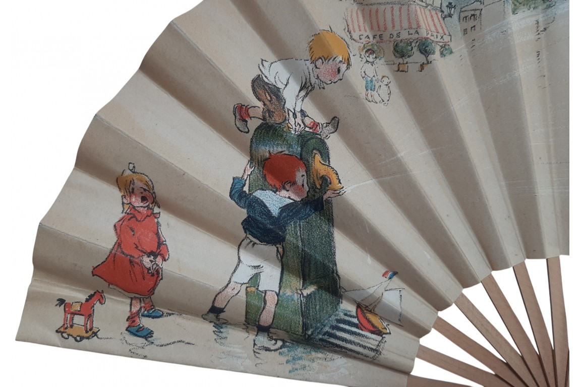 Enfants des rues, éventail d'après Poulbot pour le Café de la Paix, vers 1910
