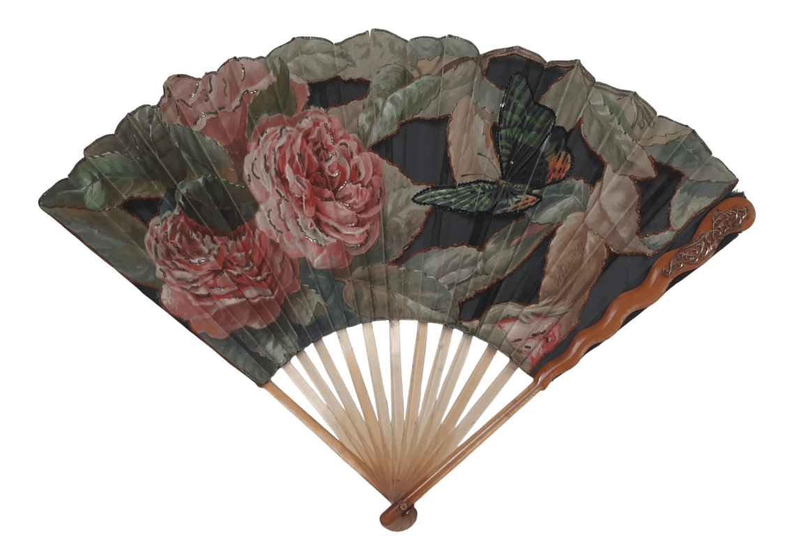 Roses and a butterfly, Art Nouveau fan by Daudet and Duvelleroy