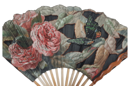 Roses and a butterfly, Art Nouveau fan by Daudet and Duvelleroy