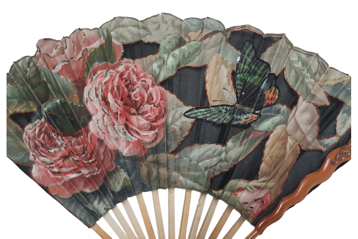 Roses and a butterfly, Art Nouveau fan by Daudet and Duvelleroy