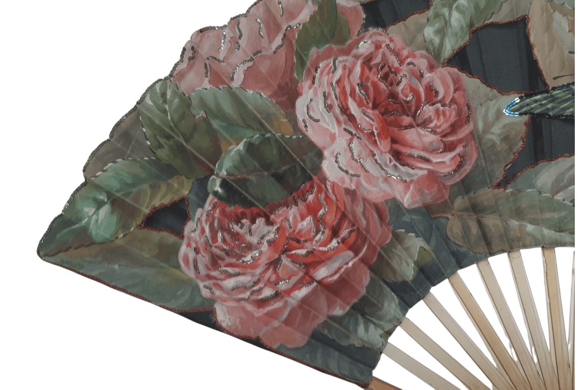 Roses and a butterfly, Art Nouveau fan by Daudet and Duvelleroy